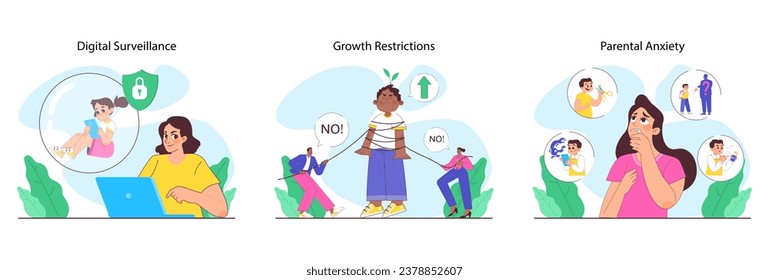 Overprotective parenting set. Children and parents in various situations experiencing anxiety, anger or confusion. Boys and girls suffering from excessive care. Flat vector illustration