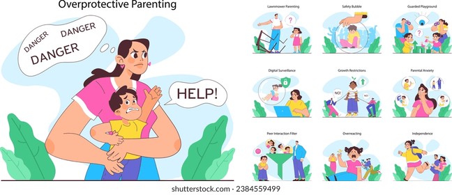 Overprotective parenting set. Children and parents in various situations experiencing anxiety, anger or confusion. Boys and girls suffering from excessive care. Flat vector illustration