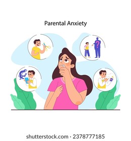 Overprotective parenting. Worried mother visualizes various scenarios involving her child, showcasing the depths of parental anxiety. Excessive care and fear. Flat vector illustration