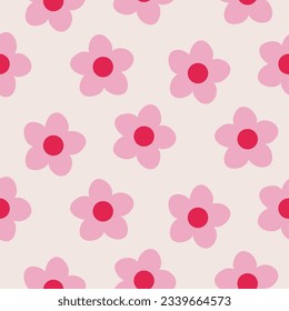 Over-Scaled Bold Retro Graphic Floral Vector Seamless Pattern. Simplistic Oversize Hand Drawn Pink Daisies, Abstract Blooms Minimal Stylized Flowers Print.