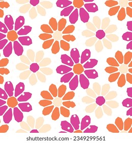 Gran Escala Negrita Negrita Retro Gráfica Vector Floral Sensación De Maravilla. Grandes Daisies Simplistas De Mano, Impresión De Flores Estilizadas De Color Rosado En Blooms Abstractos.