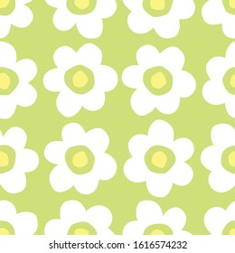 Over-Scaled Retro Graphic Floral Vector Seamless Pattern. Simplistic Oversize Hand Drawn White Daisies, Abstract Blooms on Green Background. Minimal Stylized Flowers Print.