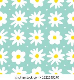 Over-Scaled Retro Graphic Floral Vector Seamless Pattern. Simplistic Over sized Hand Drawn White Daisies, Abstract Blooms on Mint Background. Minimal Stylized Naive Flowers Print.