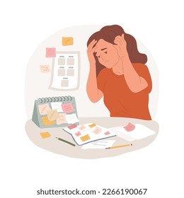 Ilustración vectorial de dibujos animados aislados por encima de la programación. Persona frustrada sosteniendo la cabeza, depresión y ansiedad, estilo de vida mal organizado, calendario familiar ocupado, dibujo diario de vectores.