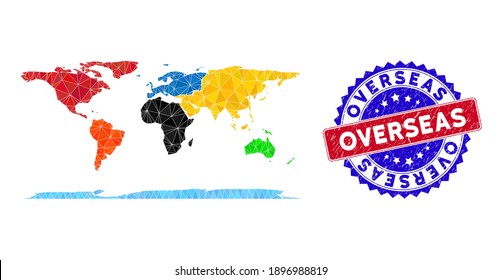 Overseas map polygonal mesh with filled triangles, and distress bicolor stamp. Triangle mosaic overseas map with mesh vector model, triangles have randomized sizes, and positions, and color tinges.