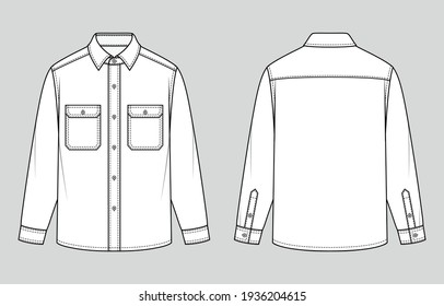 Overshirt  Relaxed Fit  Vector illustration  Flat technical drawing  Mockup template 	
