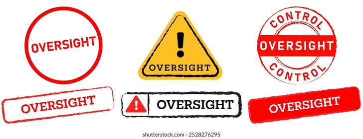 Oversight evaluation under control stamps colorful badges sign symbol caution rules manufactured product emblem grunge texture label sticker design icon set collection