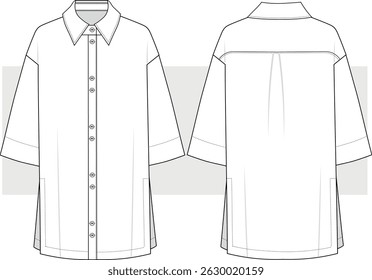 Oversize basic midi shirt dress, Summer beach dress, vector. Fashion technical drawing, flat sketch, illustration.  Front and back view, Cad, Mockup.

