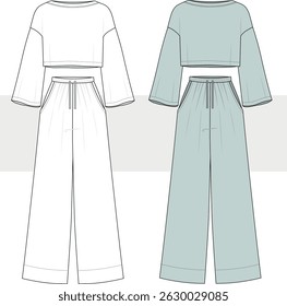 Oversize cotton cropped top sweatshirt and wide leg sweatpants suit drawing. Fashion Illustration, Vector, CAD, Technical Drawing, Flat Drawing, Template, Mockup.