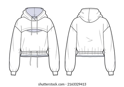 Oversize Crop Hoodie Sweat With Long Sleeves Techical Drawing Template. Girl's Cropped Sweatshirt Fashion Flat Sketch Template. Hoodie Fashion Cad.