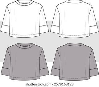 Oversize Cropped Tee shirt fashion flat technical drawing template, illustration. Unisex Crop T-Shirt, Crop Top fashion CAD mockup, front, back view, white color.