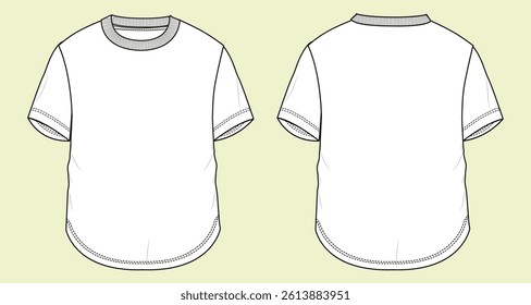 Oversize with curve hem short sleeve t-shirt with technical drawing fashion flat sketch vector illustration template front and back views black and white outline CAD mockup.