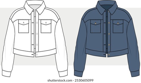 OVERSIZE DENIM JACKET WITH DROP SHOULDER DETAIL DESIGNED FOR WOMEN AND MEN VECTOR ILLUSTRATIONS.