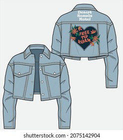 OVERSIZE EMBELLISHED CROP DENIM JACKET WITH DROP SHOULDER BACK EMBROIDERY AND ZIRCONS DETAIL DESIGNED FOR WOMEN AND TEEN GIRLS IN VECTOR ILLUSTRATIONS