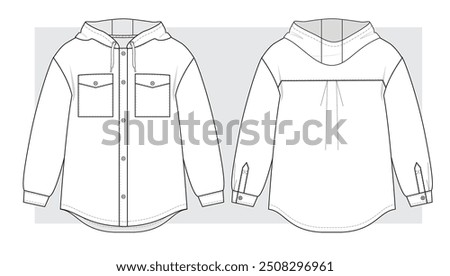 Oversize Hooded Overshirt technical scketch. Vector illustration.