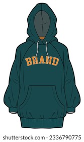 Hoodie sobredimensionada, Vector de dibujo plano de moda de moda, CAD, Dibujo técnico, Plano plano, Plantilla, Maquillaje.