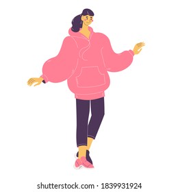 Oversize hoodie in pink color. Young woman happy with new casual clothes. Vector outline character