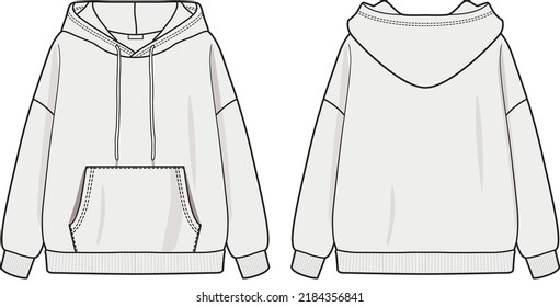 Oversize Hoodie Unisex Technical Drawing Front And Back Sides With Cord For Men And Women Fashion Technical Drawing Streetwear Brand Long Sleeves Technical Sketch Vector Editable