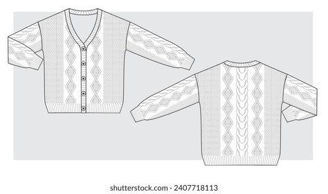 Oversize Knitted cardigan v-neck with braids. Technical scketch. Vector illustration.