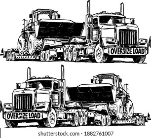 Oversize Load semi-trailer truck hauling heavy equipment