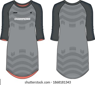 Oversize long hem T-shirt women sports jersey design, Muslim Women Sports Tunic top t-shirt Jersey design concept Illustration in Vector suitable for girls and Ladies, Islamic Sportswear uniform kit