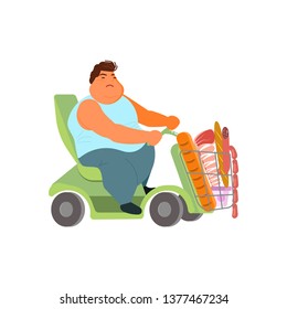 Oversize man in electric wheelchair for fat people in grocery shop. Flat Art Vector illustration