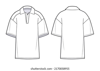 Oversize Polo Shirt fashion flat technical drawing template. Unisex Polo T-shirt fashion flat cad, front and back, white.