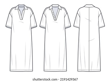 Oversize Polo Tee Dress technical fashion illustration.  Jersey midi Dress fashion flat template, ribbed collar, front and back view, white colour, CAD mockup, set.