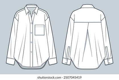 Oversize Shirt technische Mode Illustration. Classic Kragen Shirt Mode flach technische Zeichnung Vorlage, Taste, Tasche, Vorder-und Rückansicht, weiß, Frauen, Männer, Unisex CAD mockup.