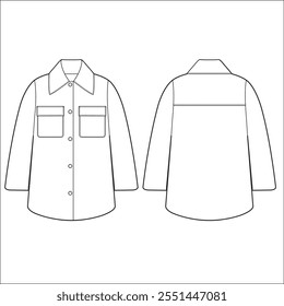 Ilustración de moda técnica de camisa de gran tamaño. Plantilla de dibujo técnico plano, Botón, bolsillo, vista frontal y posterior, blanco, mujeres, hombres, maqueta CAD unisex.