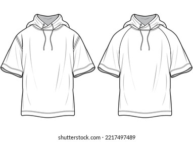 Oversize Short Sleeve Hoodies, Oversize Raglan Sleeve Hoodies,  Baggy Hoodies Sets Fashion Illustration, Vector, CAD, Technical Drawing, Flat Drawing, Template, Mockup.	
