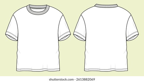 Oversize short sleeve t-shirt with technical drawing fashion flat sketch vector illustration template front and back views black and white outline CAD mockup.