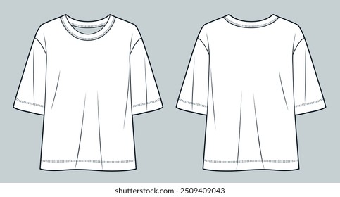 Oversize T-Shirt fashion flat tehnical drawing template. Half Sleeve T-Shirt technical fashion illustration, front and back view, white, women, men, unisex Top CAD mockup.