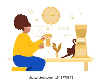 Oversize woman have late lunch in lounge room. Cat try to steal some snacks. Flat abstract metaphor cartoon vector illustration concept design. Simple art isolated on white background.