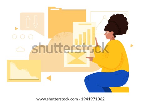 Oversize woman use cloud computing and storage business technology. Data protection. Flat abstract metaphor cartoon vector illustration concept design. Simple art isolated on white background.