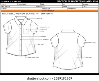 OVERSIZE WOMEN SEWING PATTERN SHIRT COLLAR SHORT SLEEVE SKETCH FASHION TEMPLATE TECHNICAL DRAWING ILLUSTRATION