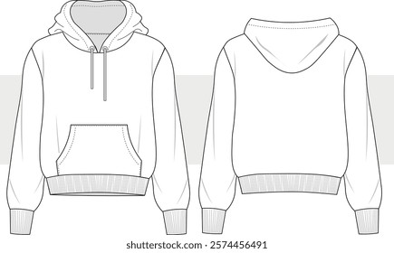 Oversized basic hoodie, front and back view. Unisex casual clothing. Vector technical sketch, illustration, drawing, Mockup template.