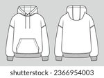 Oversized basic hoodie. Unisex casual clothing. Vector technical sketch. Mockup template.