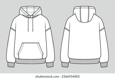 Oversized basic hoodie. Unisex casual clothing. Vector technical sketch. Mockup template.