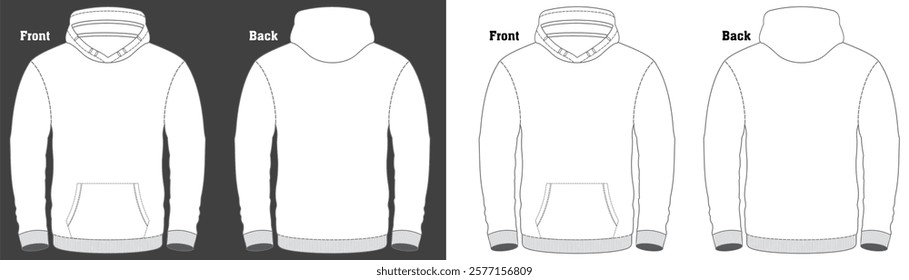 Oversized basic hoodie. Unisex casual clothing. Vector technical sketch. Mockup template