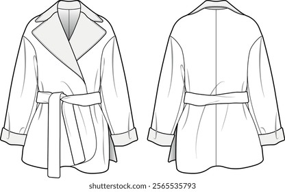 Women’s Oversized Belted Coat with Lapel Collar, Turned-Up Cuffs, and Cinching Waist Belt – Front and Back View Technical Fashion Illustration