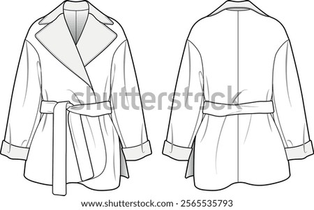 Women’s Oversized Belted Coat with Lapel Collar, Turned-Up Cuffs, and Cinching Waist Belt – Front and Back View Technical Fashion Illustration