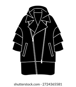 Vector de gran tamaño de la silueta de la chaqueta del motociclista con las solapas anchas y el detalle de la cremallera, dibujo técnico moderno de la ropa exterior de la moda para el diseño de la ropa de calle
