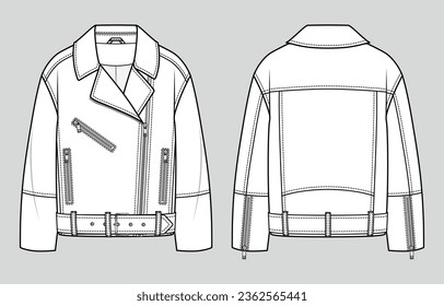 Chaqueta de cuero sobredimensionada para motociclistas. Estilo Unisex. Esbozo de moda. Dibujo técnico plano. Ilustración vectorial.