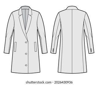 Oversized Blazer jacket suit technical fashion illustration with single breasted, long sleeves, notched lapel collar, thigh length. Flat coat template front, back, grey color style. Women, men CAD