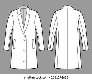 La chaqueta Blazer sobredimensionada se adapta a la ilustración técnica de la moda con un solo pecho, mangas largas, cuello de solapa enmarañado, longitud del muslo. Planta plana de la plancha delantera, trasera, color blanco. Mujeres, hombres se burlan de CAD