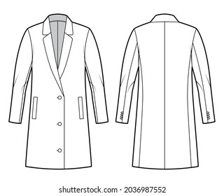 Oversized Blazer jacket suit technical fashion illustration with single breasted, long sleeves, notched lapel collar, thigh length. Flat coat template front, back, white color style. Women, CAD mockup