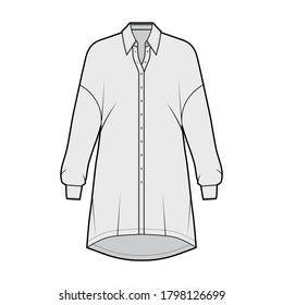 Oversized blouse technical fashion illustration with basic shirt collar, dropped shoulders, long sleeves, above-the-knee length. Flat apparel template front grey color. Women men unisex top CAD mockup