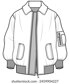 oversized bomber jacket flat sketch vector illustration technical cad drawing template