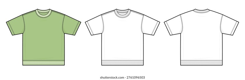 Oversized Boxy Fit Crew Neck T-Shirt with Rib Knit Hem Technical Fashion Illustration. Relaxed Short Sleeve Tee Vector Template. Front and Back View CAD Mockup